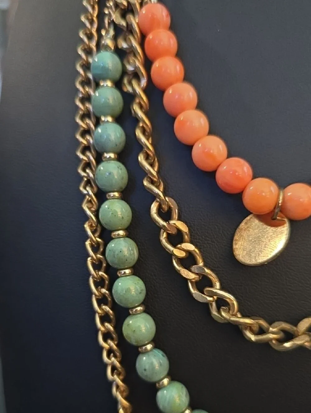 Layered Gold Chain Necklace with Coral and Turquoise Beads